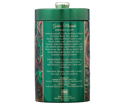 Tył puszki Basilur Golden Moments Emerald Glow z opisem herbaty i listą składników.