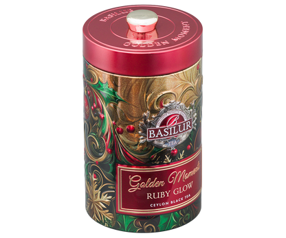 Puszka Basilur Golden Moments Ruby Glow z eleganckim czerwonym wieczkiem.