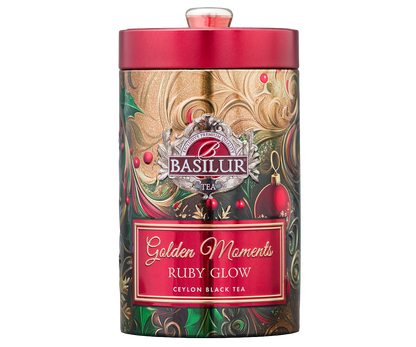Herbata Basilur Golden Moments Ruby Glow w świątecznej puszce z logo Basilur.