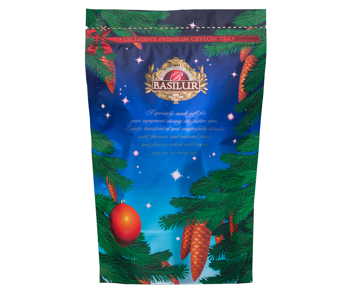 Swiateczna torebka herbaty Basilur z szyszkami i bombkami w kolekcji premium Ceylon Tea