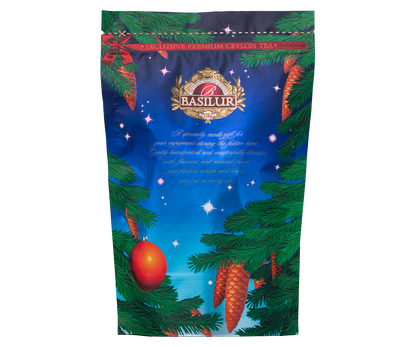 Swiateczna torebka herbaty Basilur z szyszkami i bombkami w kolekcji premium Ceylon Tea