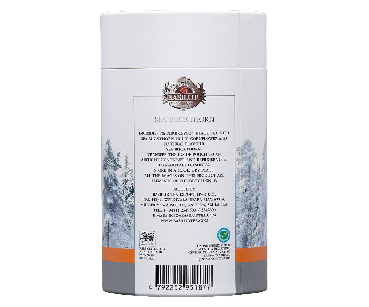 Tyl opakowania herbaty Basilur Sea Buckthorn z informacjami o skladnikach.