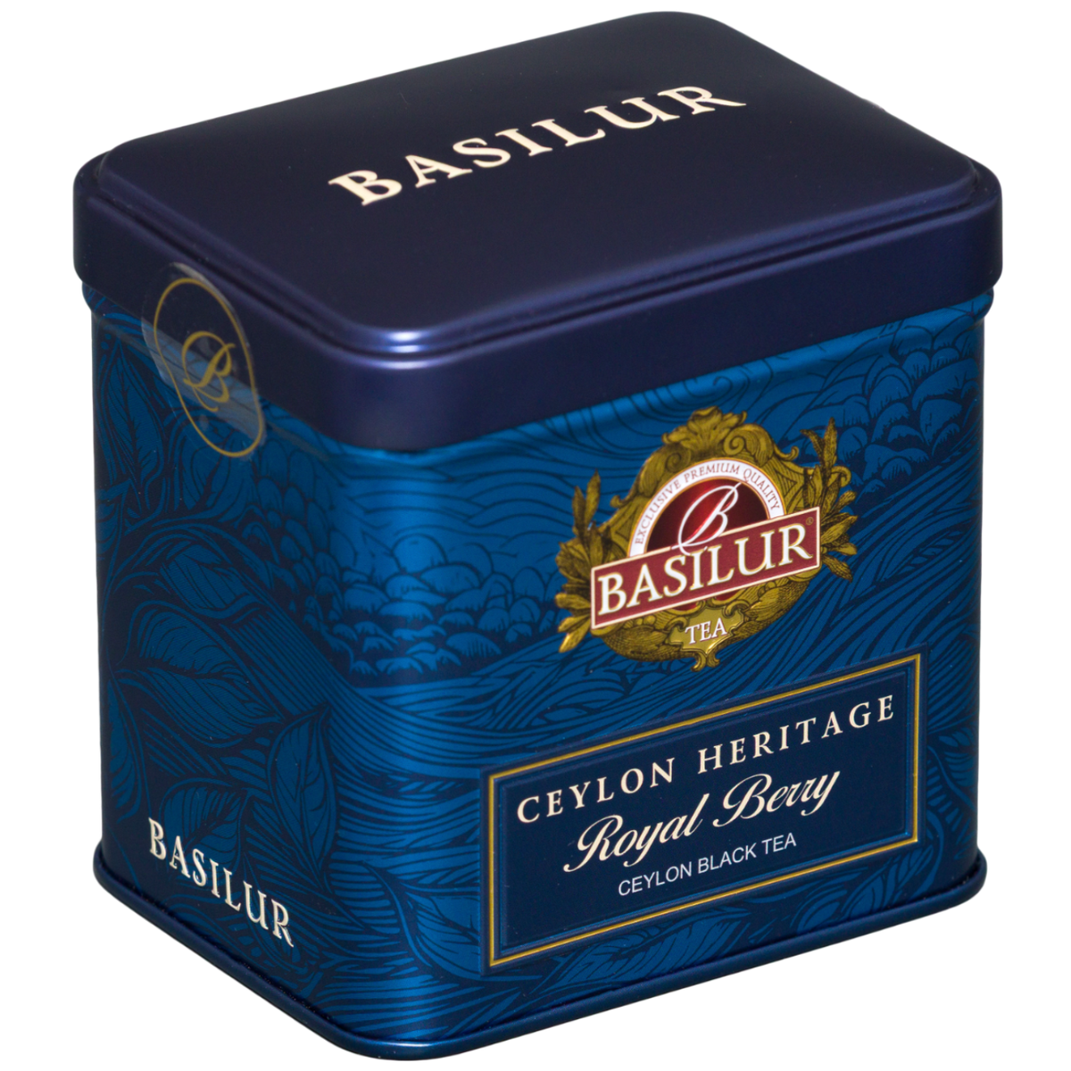 Basilur Royal Berry w granatowej puszce widzianej ukośnie z góry, etykieta Ceylon Heritage