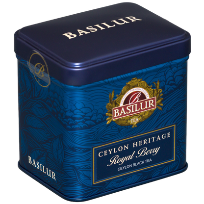 Basilur Royal Berry w granatowej puszce widzianej ukośnie z góry, etykieta Ceylon Heritage