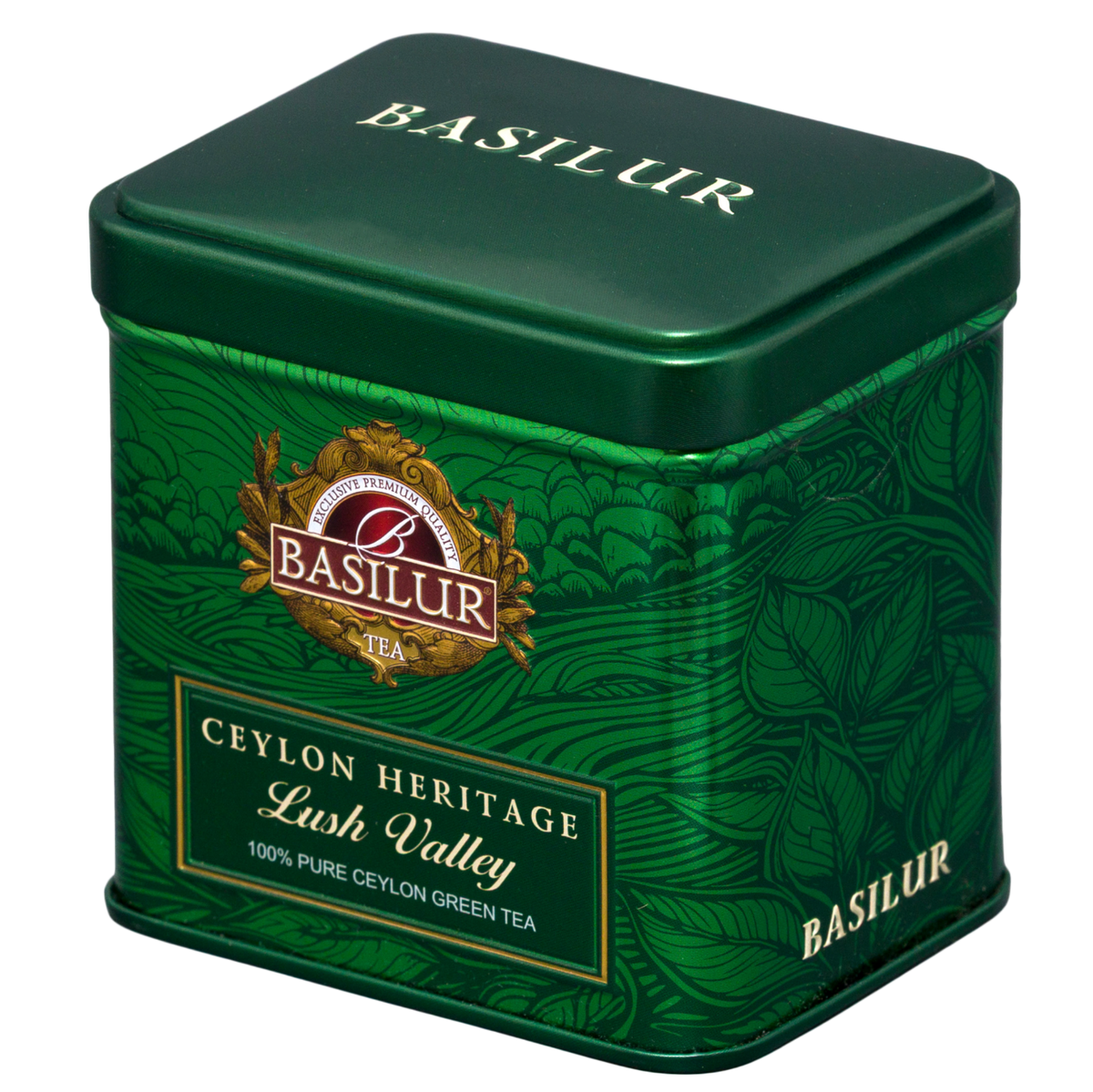 Zielona herbata liściasta Basilur Lush Valley w eleganckiej puszce, opakowanie widoczne z boku