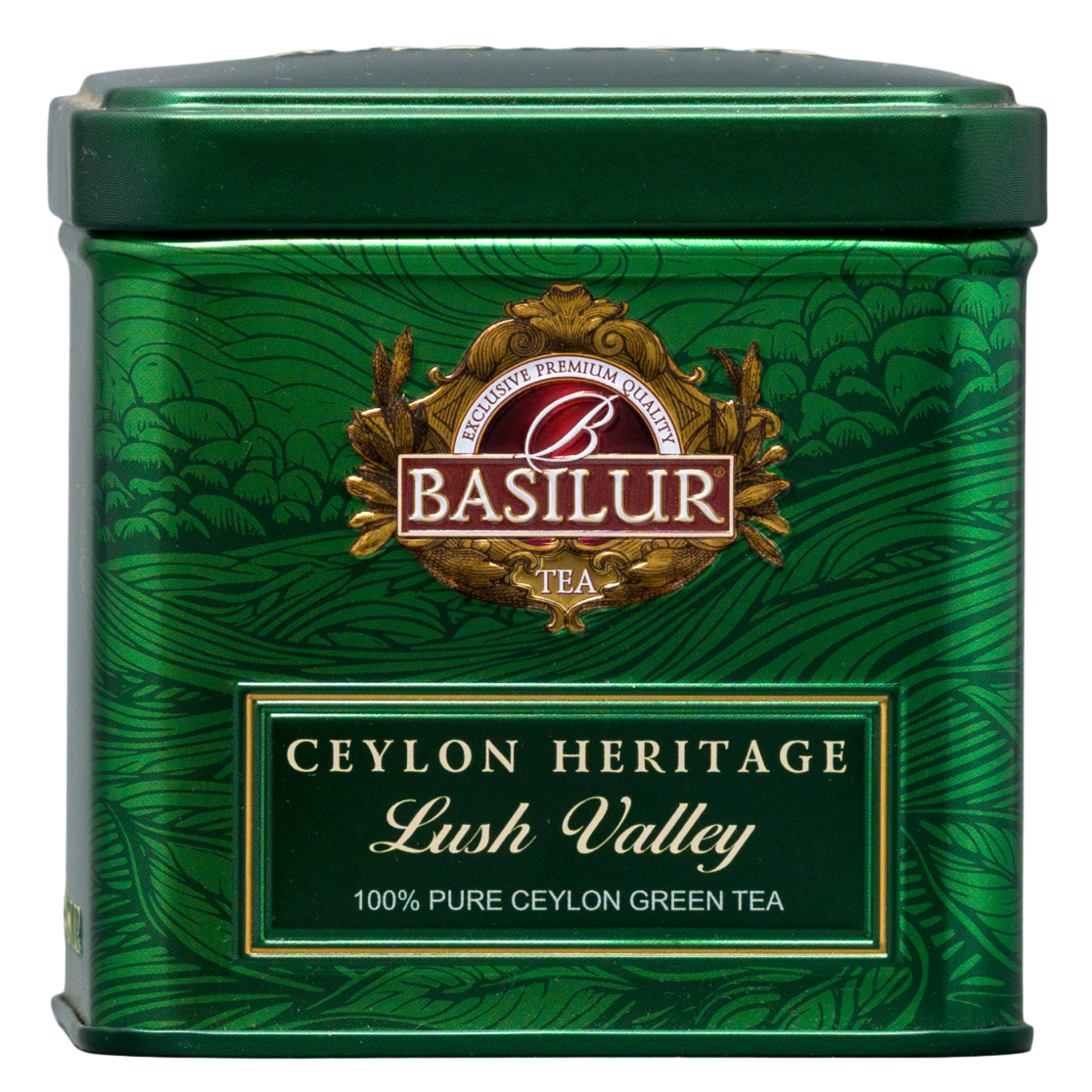 Basilur Lush Valley, cejlońska zielona herbata liściasta w zielonej metalowej puszce, widok z przodu