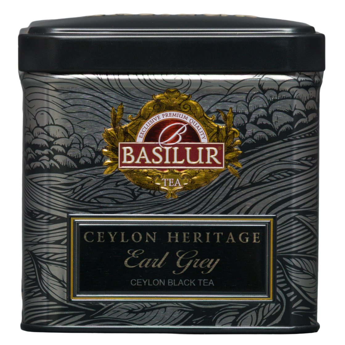 Basilur Earl Grey Ceylon Heritage 50 g, czarna ozdobna puszka herbaty widziana z przodu
