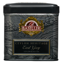 Basilur Earl Grey Ceylon Heritage 50 g, czarna ozdobna puszka herbaty widziana z przodu