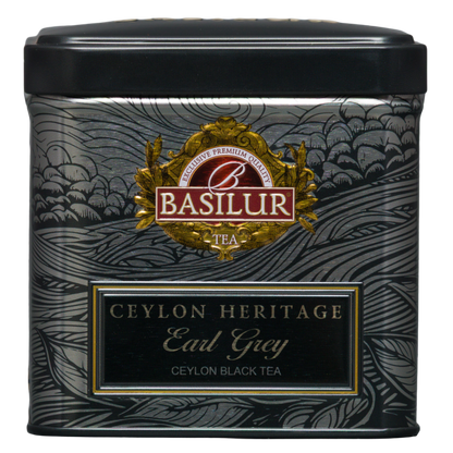 Basilur Earl Grey Ceylon Heritage 50 g, czarna ozdobna puszka herbaty widziana z przodu