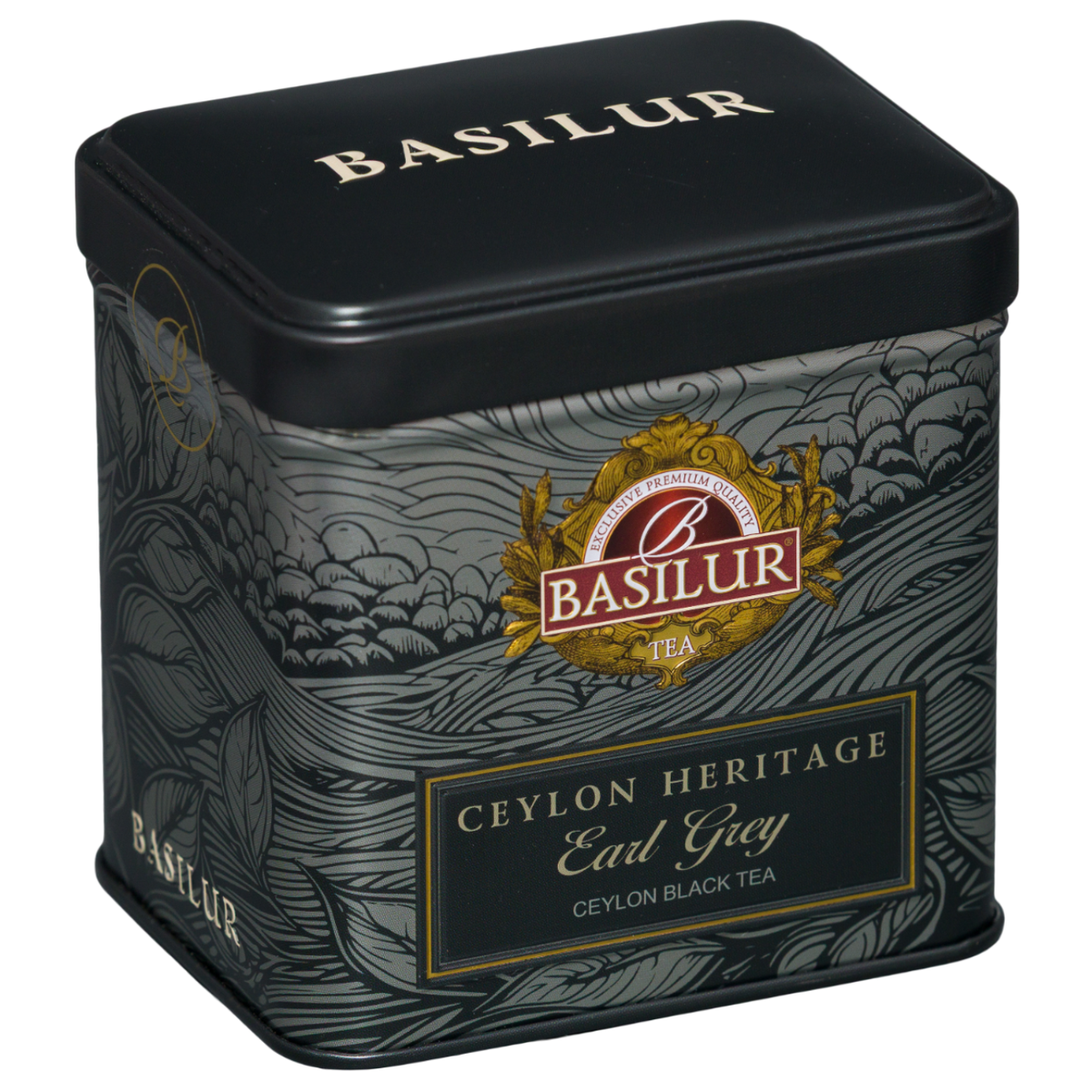 Herbata Basilur Earl Grey 50 g w metalowej puszce, widok z przeciwnego boku