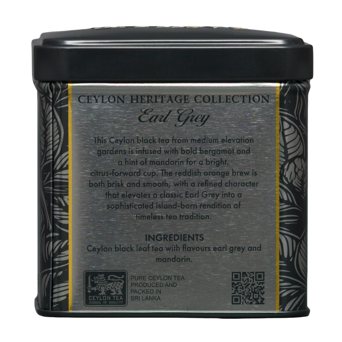 Tył puszki Basilur Earl Grey z kolekcji Ceylon Heritage z opisem mieszanki i składem