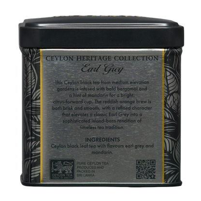 Tył puszki Basilur Earl Grey z kolekcji Ceylon Heritage z opisem mieszanki i składem