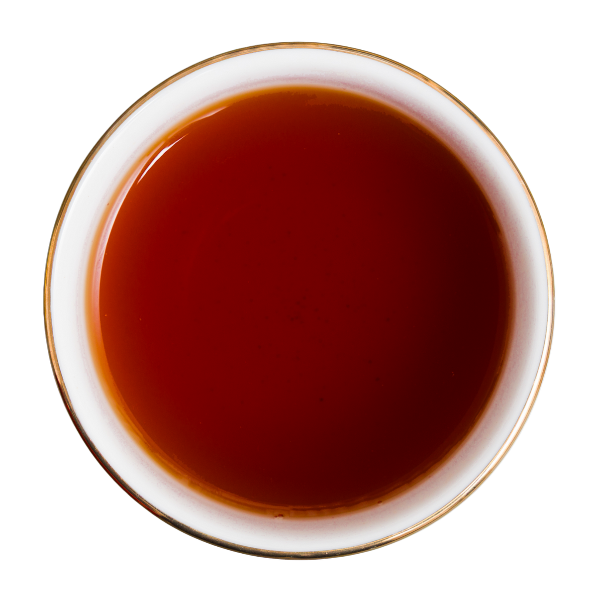 Czerwonobursztynowy napar herbaty Basilur Earl Grey w białej filiżance widzianej z góry