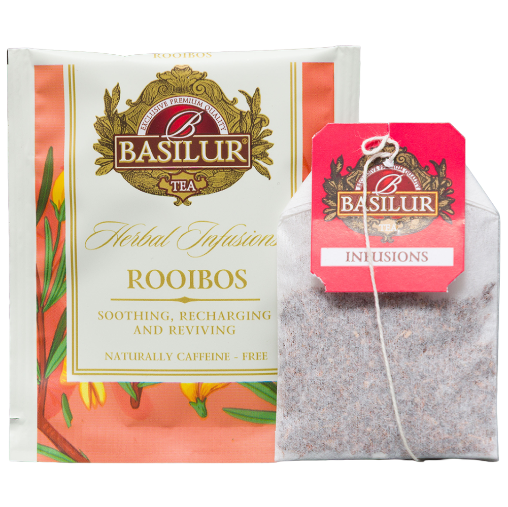 Saszetka Basilur Rooibos w indywidualnej kopercie wraz z torebką do zaparzania rooibosu.