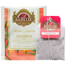 Saszetka Basilur Rooibos w indywidualnej kopercie wraz z torebką do zaparzania rooibosu.