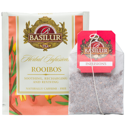Saszetka Basilur Rooibos w indywidualnej kopercie wraz z torebką do zaparzania rooibosu.