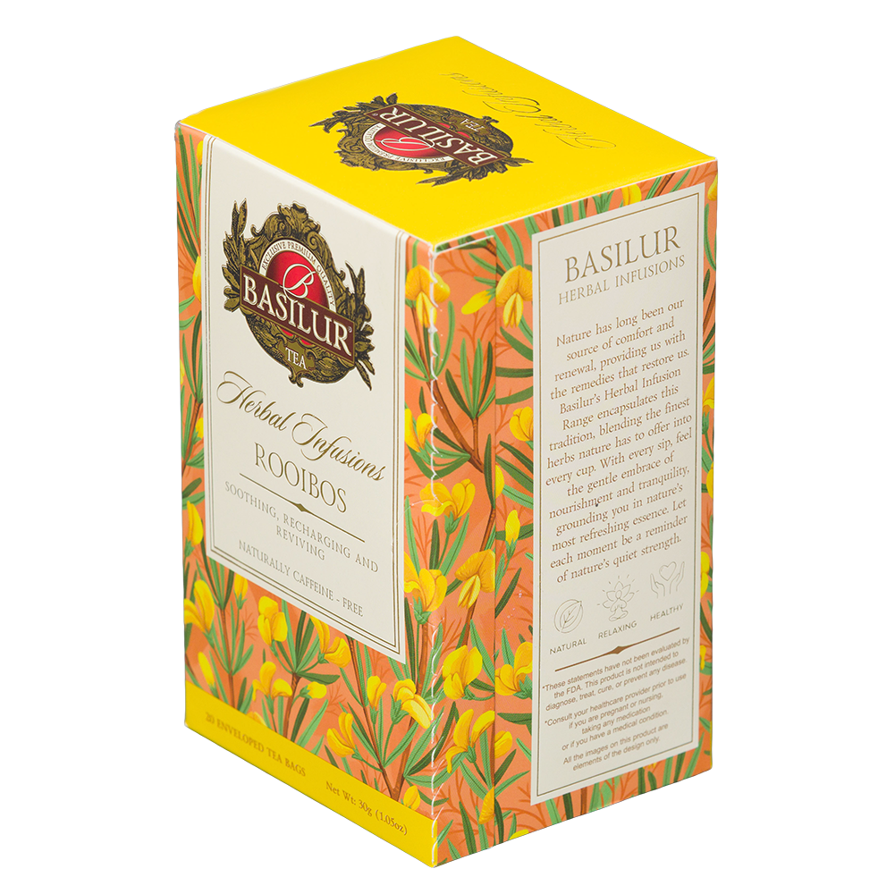 Opakowanie Basilur Rooibos 20 kopert pokazane z boku, dekoracyjne pudełko naparu rooibos bez kofeiny.