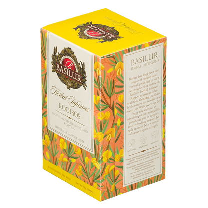 Opakowanie Basilur Rooibos 20 kopert pokazane z boku, dekoracyjne pudełko naparu rooibos bez kofeiny.