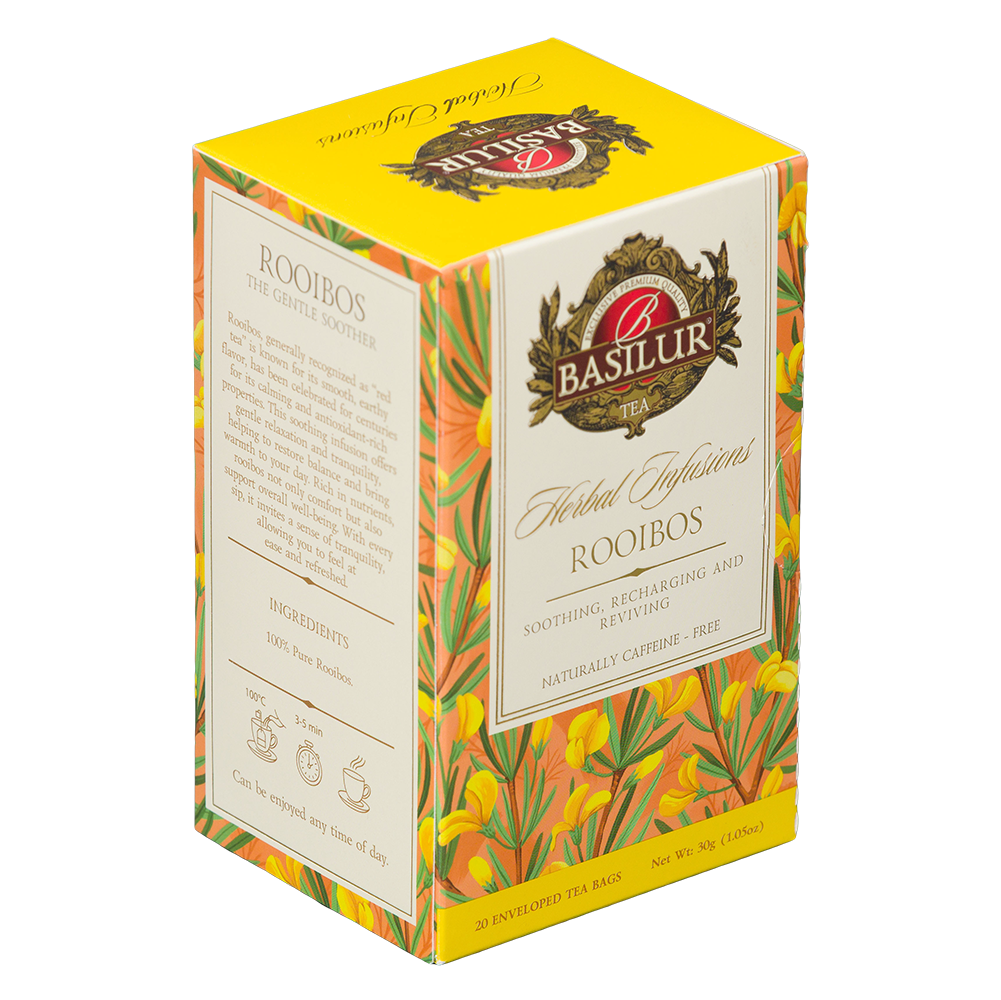 Basilur Rooibos 20 kopert w ozdobnym opakowaniu pokazanym z przodu i z boku, rooibos 100%.