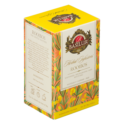 Basilur Rooibos 20 kopert w ozdobnym opakowaniu pokazanym z przodu i z boku, rooibos 100%.