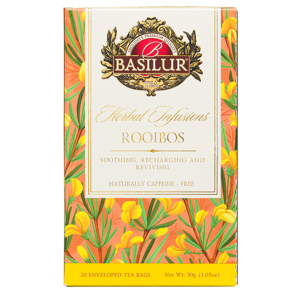 Front opakowania Basilur Rooibos 20 kopert, klasyczny rooibos w eleganckim kwiatowym pudełku.