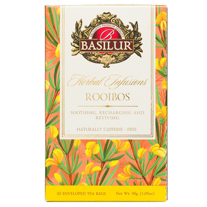Front opakowania Basilur Rooibos 20 kopert, klasyczny rooibos w eleganckim kwiatowym pudełku.