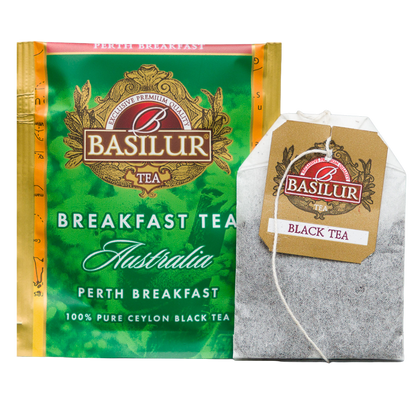 Basilur Perth Breakfast, koperta czarnej herbaty cejlońskiej i saszetka z zestawu Breakfast Tea Australia.