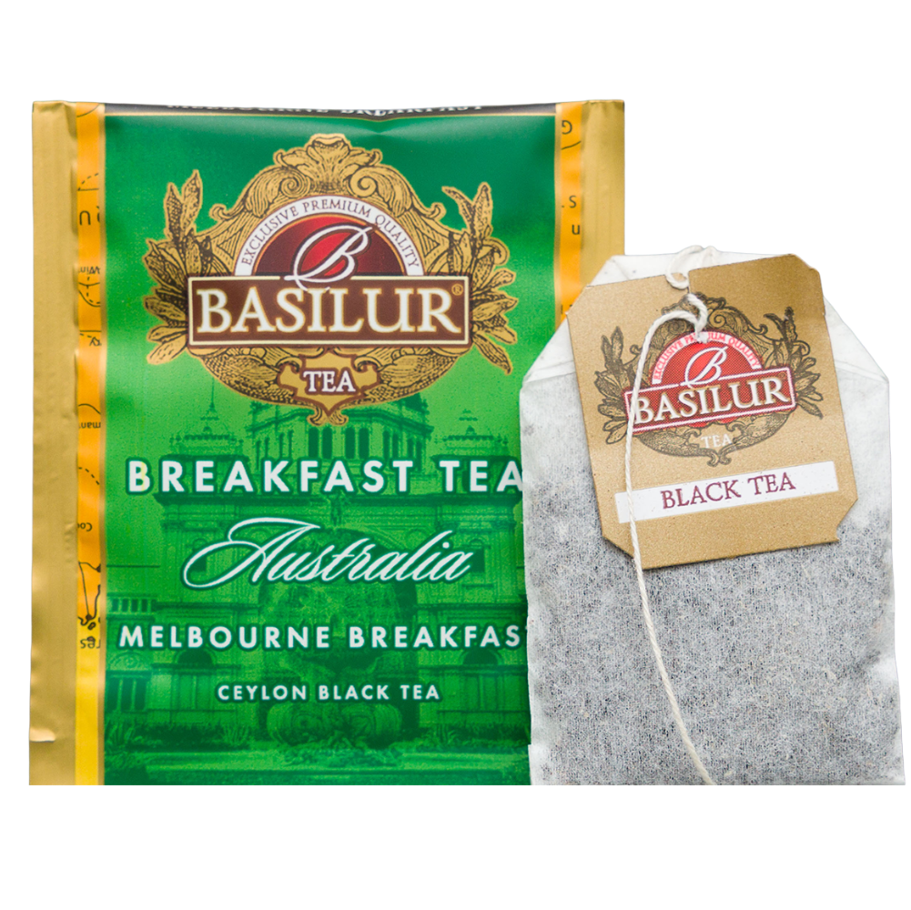 Basilur Melbourne Breakfast, aromatyzowana czarna herbata cejlońska w kopercie z zestawu Breakfast Tea Australia.