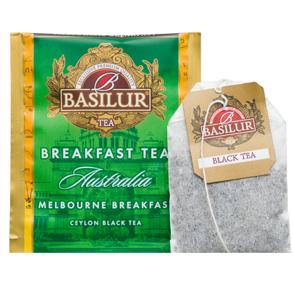 Basilur Melbourne Breakfast, aromatyzowana czarna herbata cejlońska w kopercie z zestawu Breakfast Tea Australia.