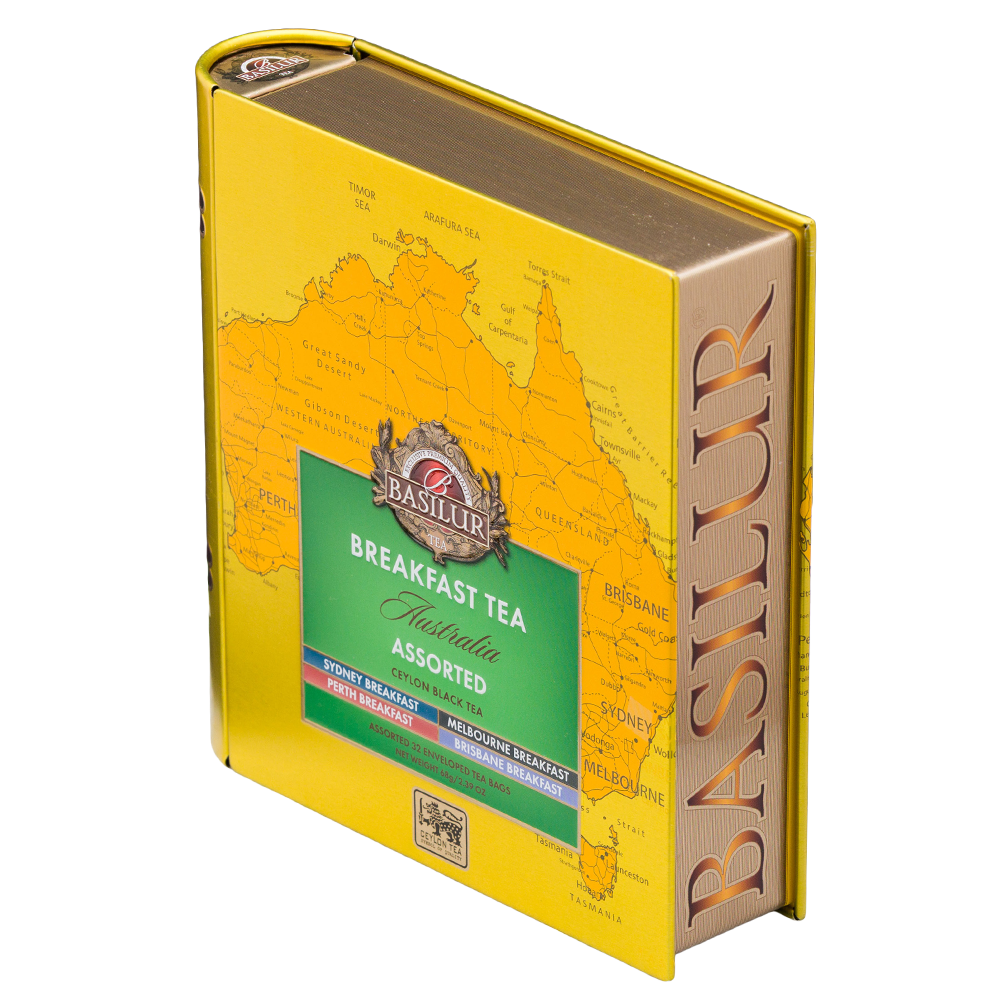 Dekoracyjne opakowanie Basilur Breakfast Tea Australia z mapą Australii i bocznym grzbietem w formie książki.