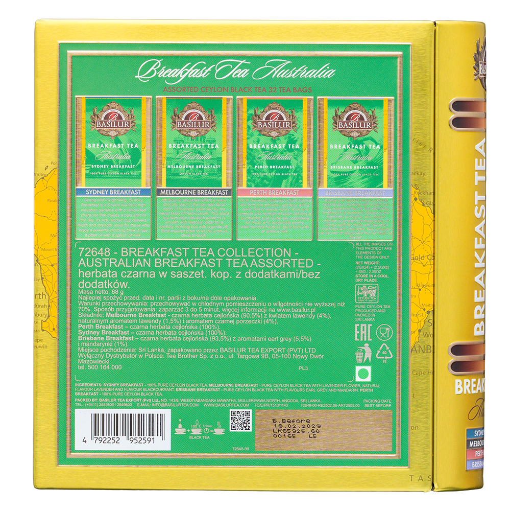 Tył opakowania zestawu Basilur Breakfast Tea Australia z opisem czterech wariantów czarnej herbaty cejlońskiej.