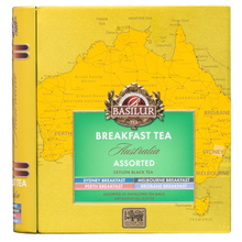 Zestaw Basilur Breakfast Tea Australia 32 koperty w złotym opakowaniu z mapą Australii, widok z przodu.