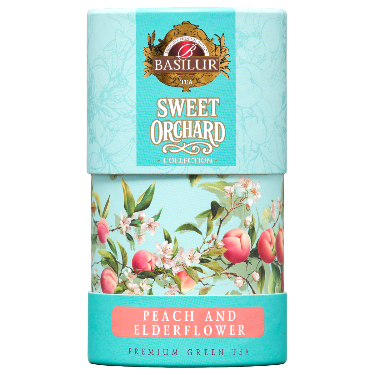 Herbata zielona Basilur Peach & Elderflower w ozdobnej turkusowej tubie z motywem brzoskwiń i kwiatów.