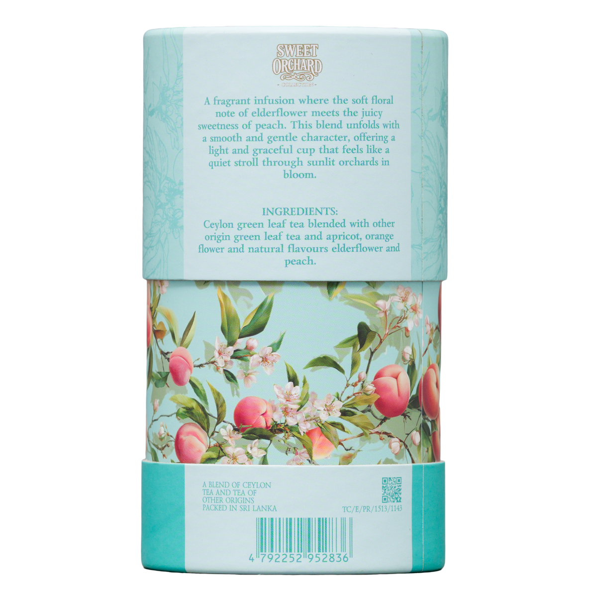 Herbata zielona Basilur Peach & Elderflower w dekoracyjnej tubie, widok opakowania od tyłu ze składem produktu.
