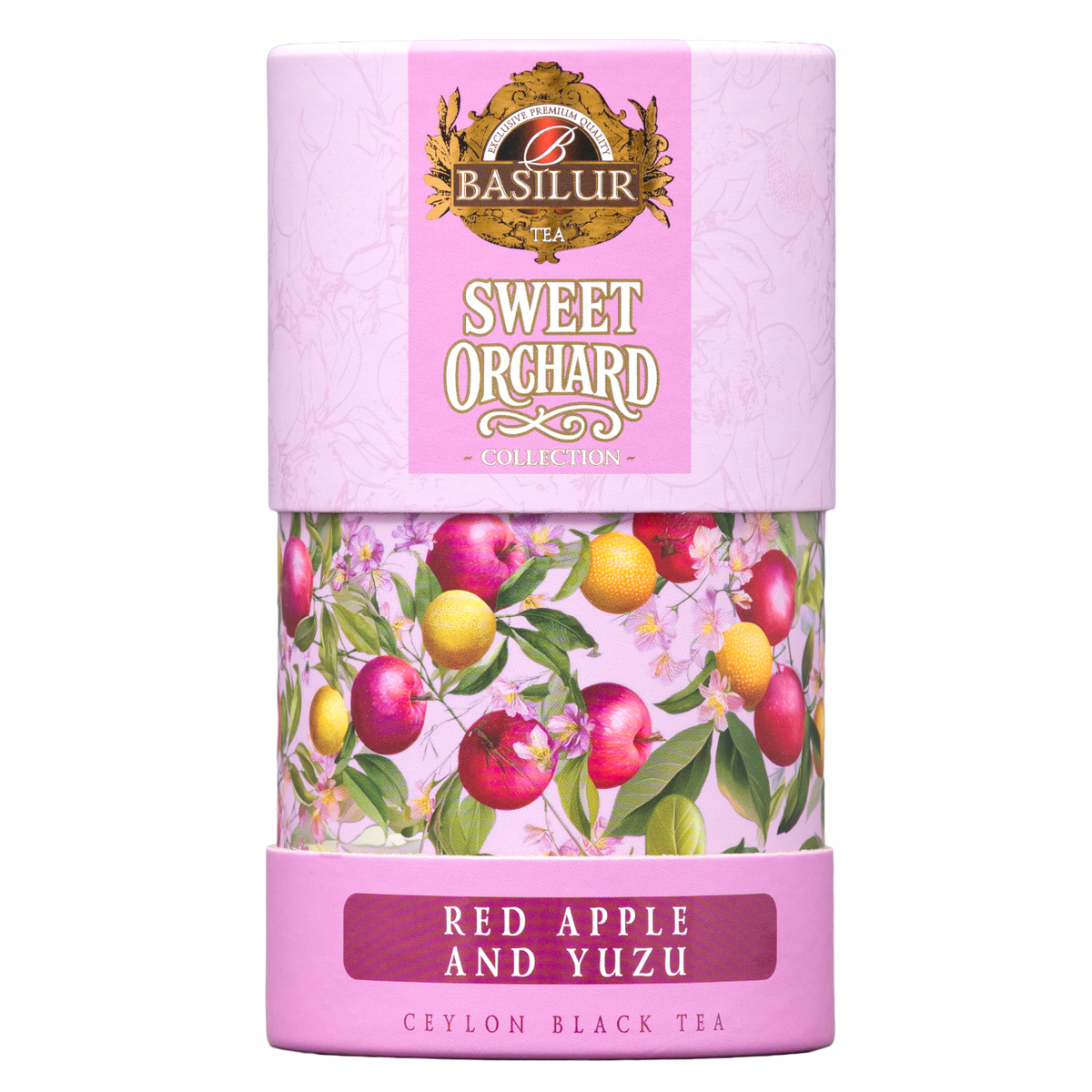 Herbata czarna Basilur Red Apple And Yuzu w dekoracyjnej tubie, widok opakowania z przodu.