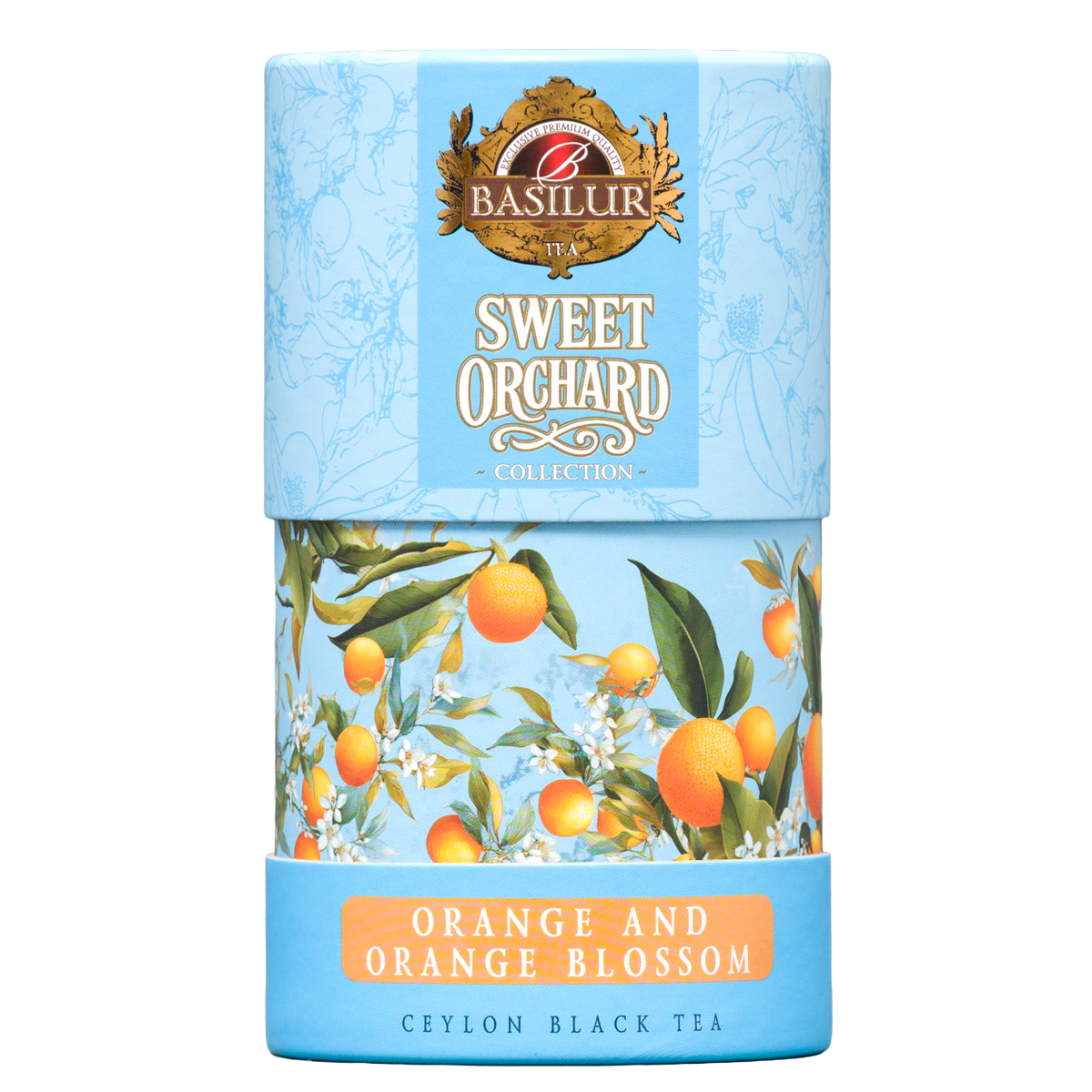 Herbata czarna Basilur Orange and Orange Blossom w niebieskiej ozdobnej tubie z motywem pomarańczy i kwiatów.