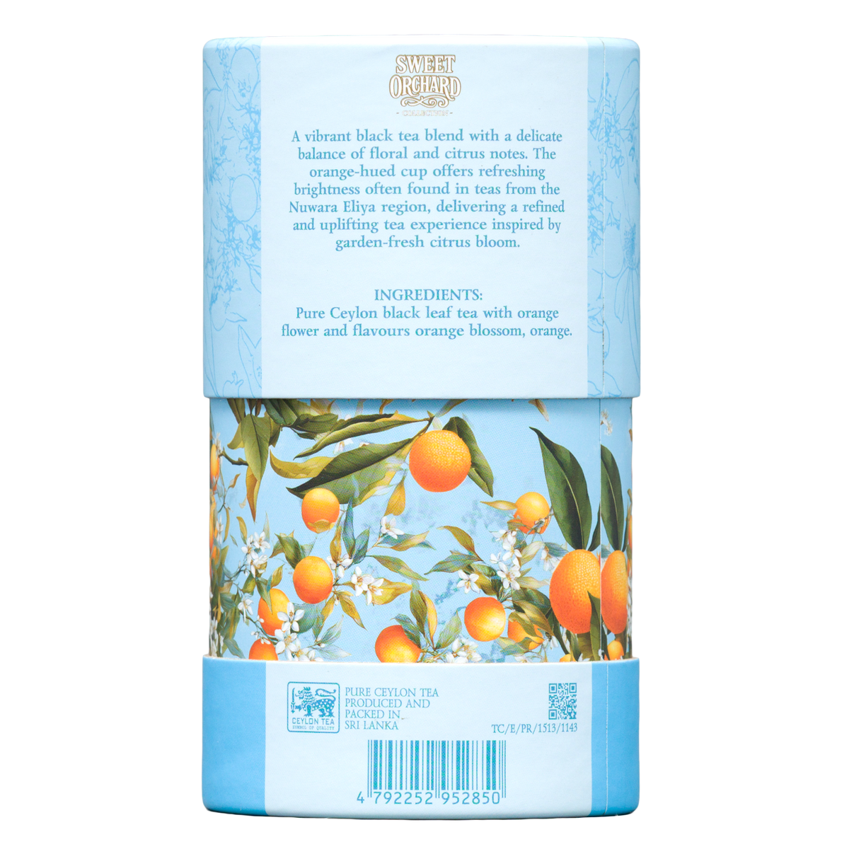 Herbata Basilur Orange and Orange Blossom w tubie, widok tylnej części opakowania z informacjami o produkcie.