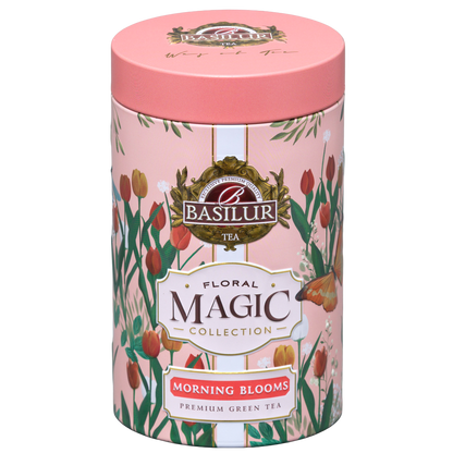 Herbata zielona Basilur Morning Blooms w różowej dekoracyjnej puszce z kolekcji Floral Magic