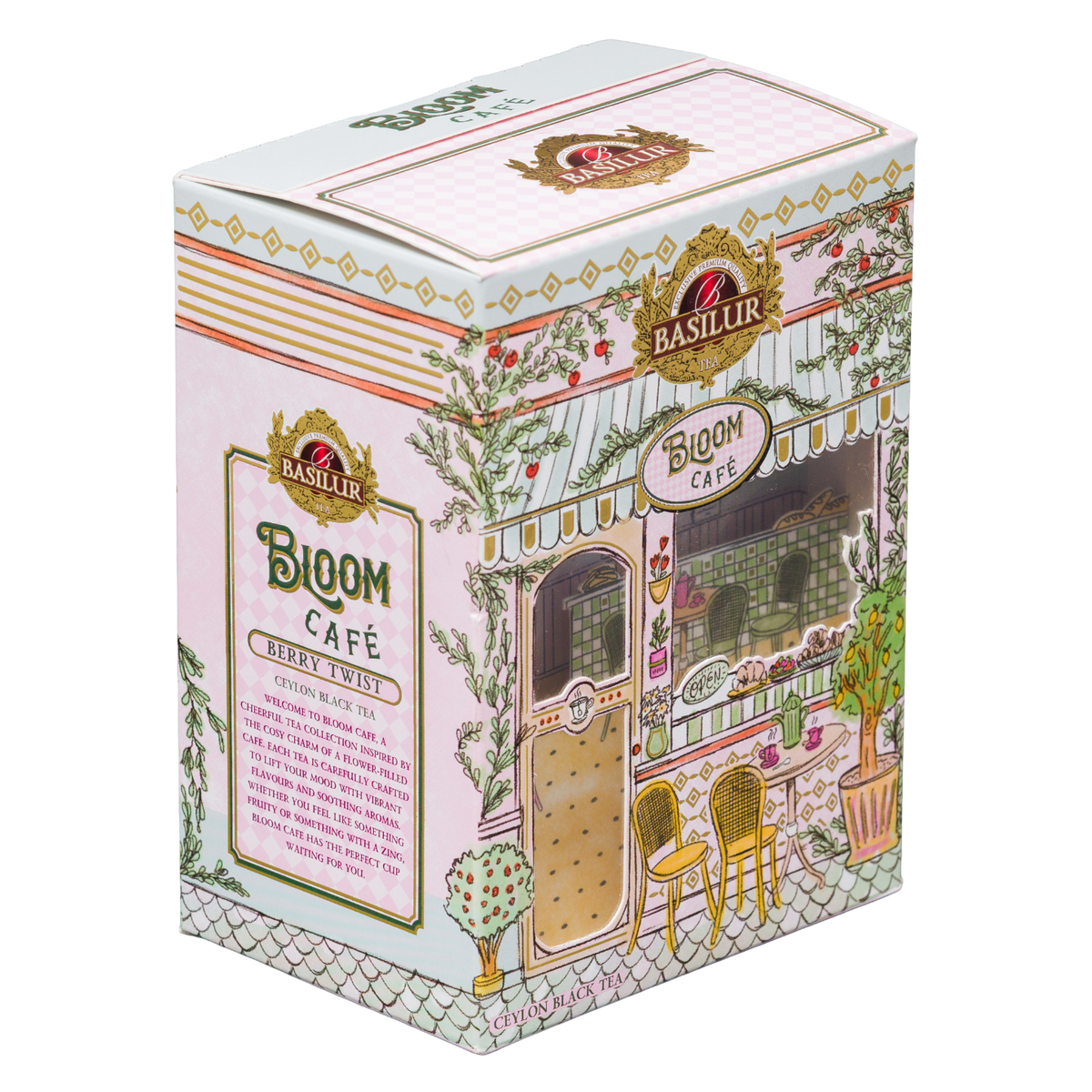 Opakowanie Basilur Berry Twist z czarną herbatą cejlońską o aromacie granatu i dzikiej truskawki.