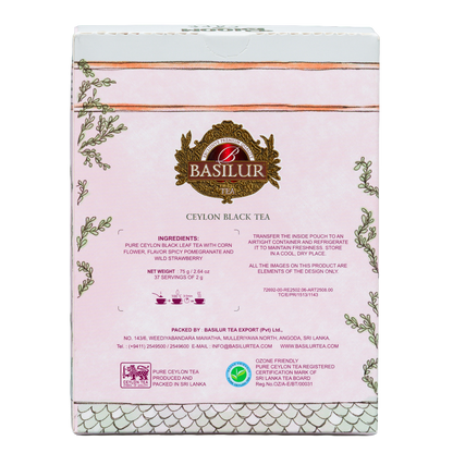 Tył opakowania herbaty czarnej Basilur Berry Twist 75 g z informacjami o składzie i sposobie parzenia.