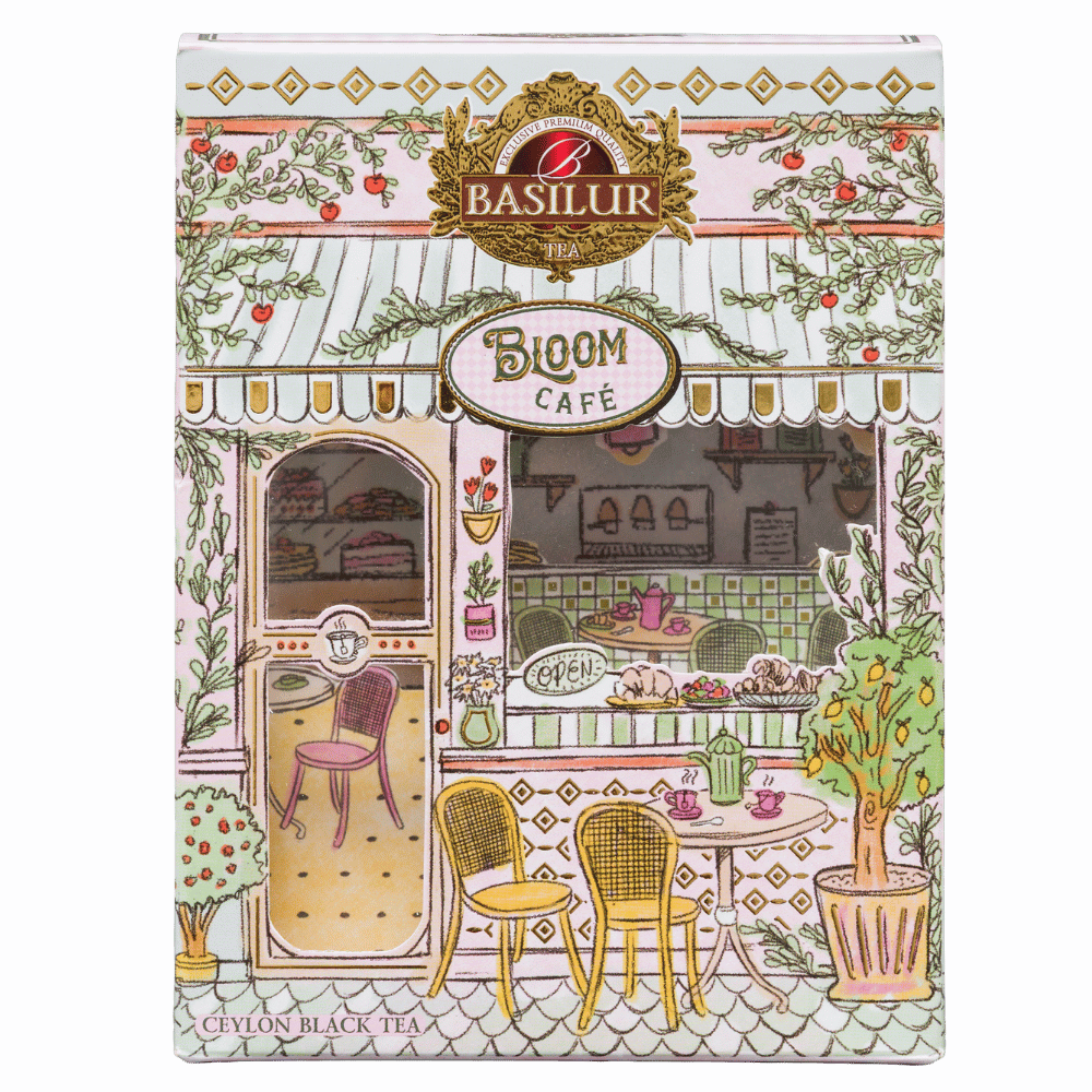 Przód opakowania herbaty czarnej Basilur Berry Twist z ilustracją pastelowej kawiarni Bloom Café.