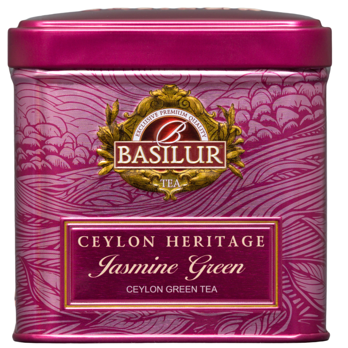 Herbata zielona Basilur Jasmine Green, front różowej metalowej puszki 50 g