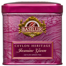 Herbata zielona Basilur Jasmine Green, front różowej metalowej puszki 50 g