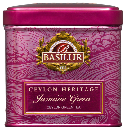 Herbata zielona Basilur Jasmine Green, front różowej metalowej puszki 50 g
