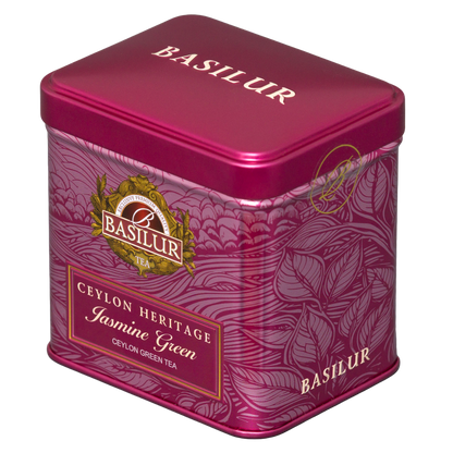 Puszka Basilur Jasmine Green 50 g widziana z góry i prawej strony