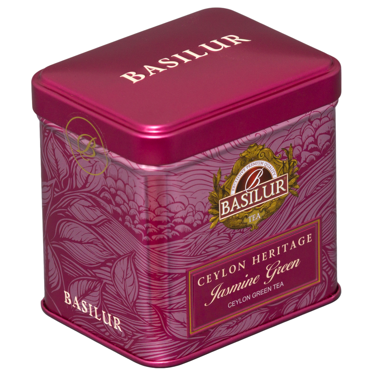 Różowa puszka herbaty Basilur Jasmine Green 50 g widziana z góry i lewej strony
