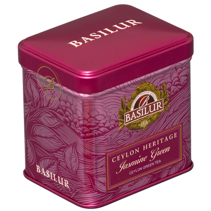 Różowa puszka herbaty Basilur Jasmine Green 50 g widziana z góry i lewej strony
