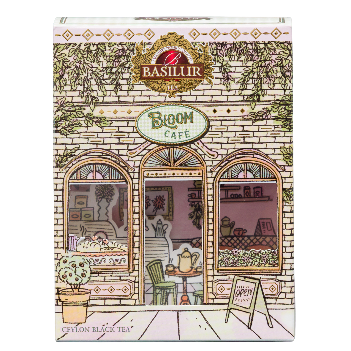 Przód opakowania herbaty czarnej Basilur Zesty Twist z dekoracyjną ilustracją kawiarni Bloom Café.