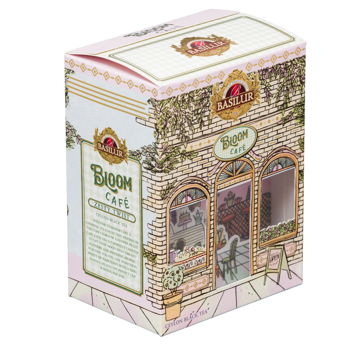 Herbata czarna Basilur Zesty Twist w ozdobnym opakowaniu Bloom Café pokazanym pod kątem.