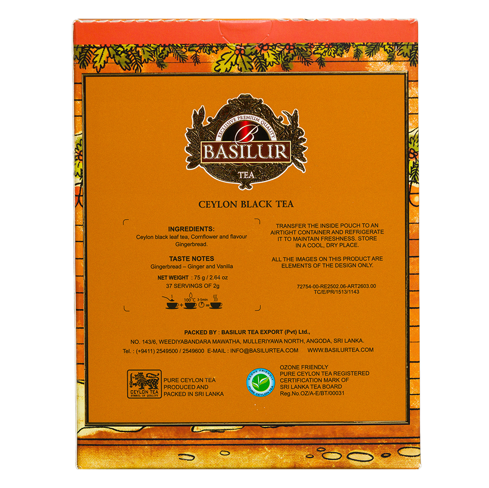 Tylna część opakowania Basilur Gingerbread Cafe z informacjami o czarnej herbacie cejlońskiej